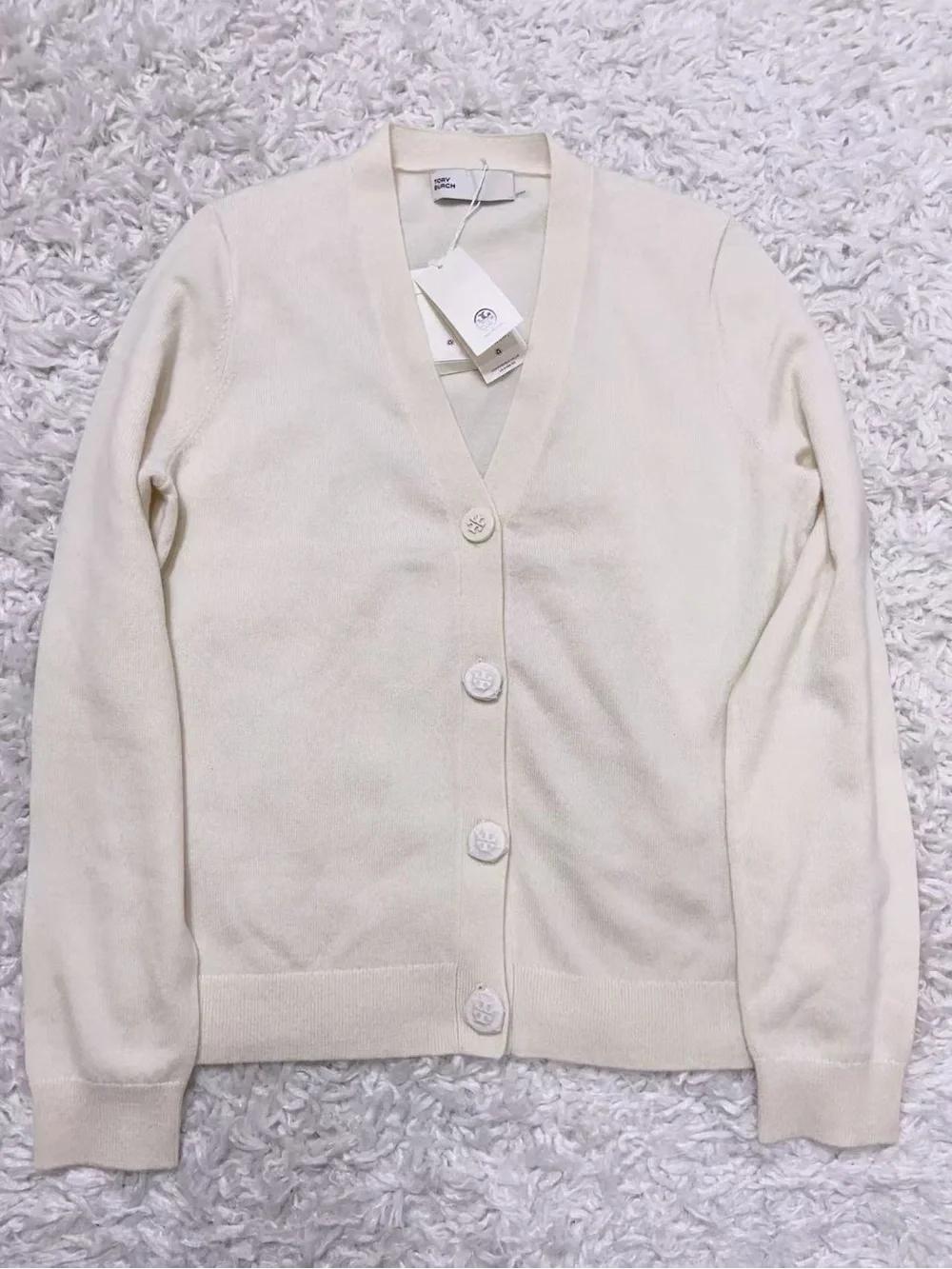 NWT $498 Tory Burch 100% Cashmere V-Neck Button Cardigan Sweater Ivory Sz S